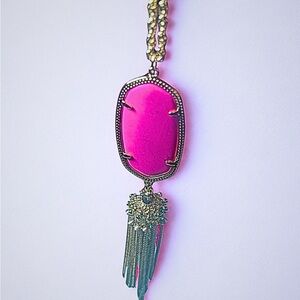 Kendra Scott Long Pink Tassel Necklace, Gold tone, Large Pendant, W/ Bag
